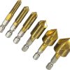 Digital Craft 6Pcs HSS Titanium Coated Countersink Drill Bits 6mm-19mm 5-Flute 90° Center Punch Tool Hex Shank Woodworking Deburring Set